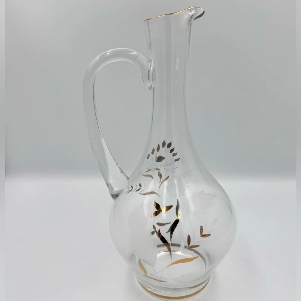 Vintage Hand Blown Glass Pitcher Applied Handle Etched with Gold Gild